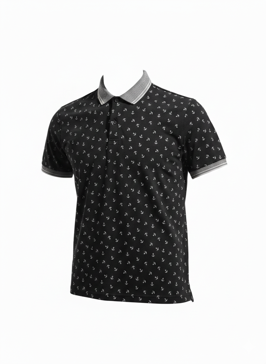in black printed polo