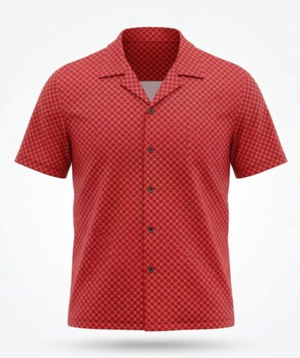 Crimson Red Cuban Collar Shirt with Geometric Mandala Print