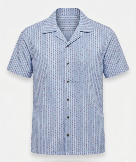 Sky Blue Striped Cuban Shirt with Red Micro-Floral Print