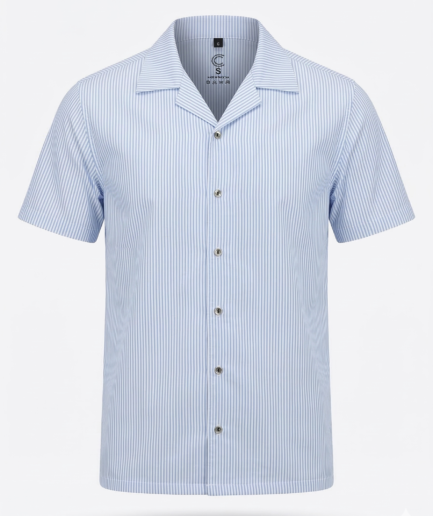 Sky Blue Vertical Stripe Cuban Collar Shirt