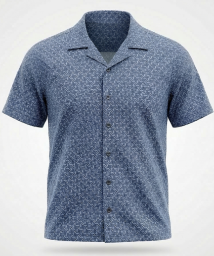 Denim Blue Cuban Collar Shirt with Micro-Geometric Print