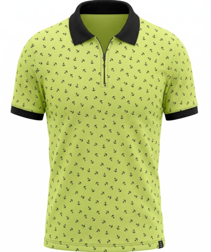 Lime Green Anchor Print Polo with Quarter-Zip Placket